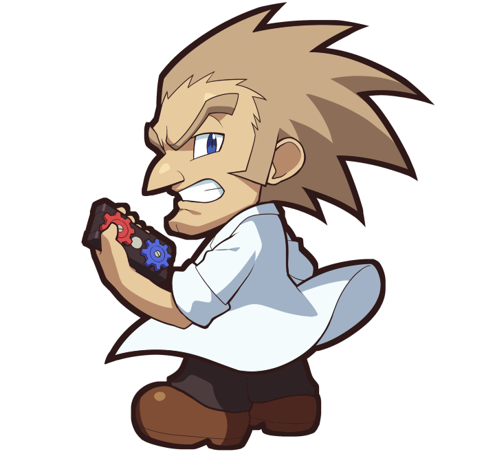 1boy albert_w_wily black_pants blue_eyes brown_footwear brown_hair chibi clenched_teeth kin_niku labcoat long_hair male_focus official_style pants parody rockman rockman_(classic) rockman_11 rockman_rockman simple_background solo style_parody teeth white_background younger