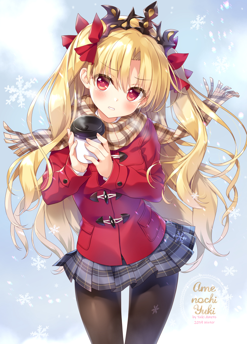 1girl ameto_yuki bangs blonde_hair blush bow brown_legwear brown_scarf coat coffee_cup commentary_request cup disposable_cup duffel_coat ereshkigal_(fate/grand_order) eyebrows_visible_through_hair fate/grand_order fate_(series) fingernails fringe_trim grey_skirt hair_between_eyes hair_bow head_tilt holding holding_cup long_hair long_sleeves looking_at_viewer pantyhose parted_lips plaid plaid_scarf plaid_skirt pleated_skirt red_bow red_coat red_eyes scarf skirt sleeves_past_wrists snowflakes solo tiara two_side_up very_long_hair