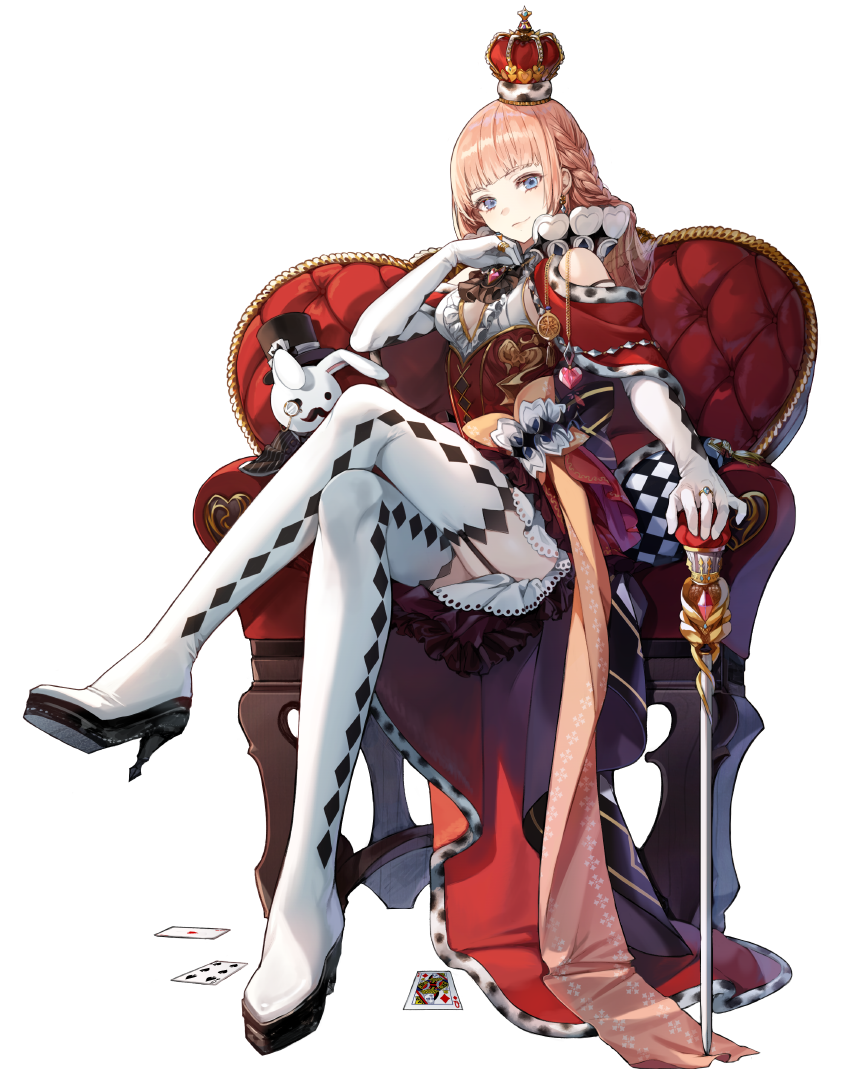 1girl argyle ass bangs bare_shoulders blue_eyes boots braid breasts brown_hair card chin_rest closed_mouth crown dress earrings elbow_gloves eyebrows_visible_through_hair frills full_body garter_straps gloves hand_up head_tilt jewelry kim_eb lace_trim legs_crossed long_hair looking_at_viewer original pillow playing_card red_dress ribbon ring sidelocks simple_background small_breasts smile solo thigh-highs thigh_boots throne white_background white_footwear white_gloves