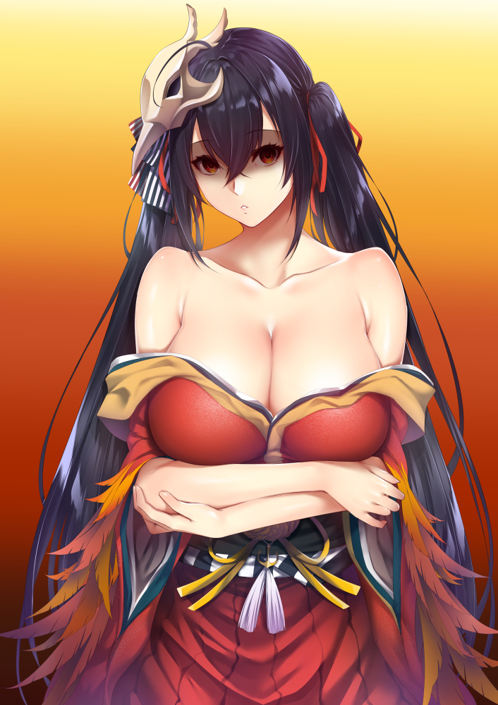 1girl ahoge arms_under_breasts azur_lane bangs bare_shoulders black_hair blush breast_hold breasts cleavage collarbone crossed_arms crossed_bangs eyebrows_visible_through_hair eyelashes fantia_reward feathers fingernails hair_between_eyes hair_ornament hair_ribbon japanese_clothes kimono large_breasts long_fingernails long_hair long_sleeves looking_at_viewer mask mask_on_head no_bra orange_eyes paid_reward parted_lips red_eyes red_kimono red_ribbon ribbon sash shaded_face sidelocks solo standing striped striped_ribbon taihou_(azur_lane) teeth twintails upper_body very_long_hair wide_sleeves zucchini