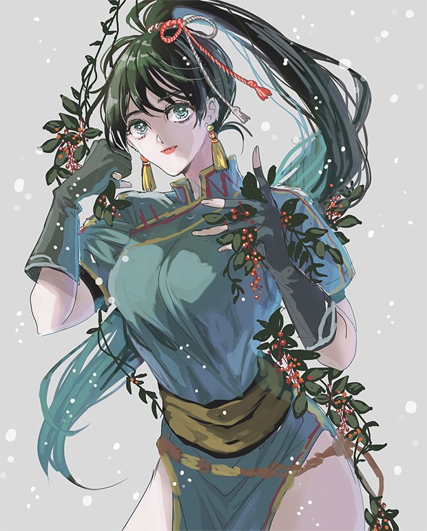 1girl earrings fingerless_gloves fire_emblem fire_emblem:_rekka_no_ken gloves green_eyes green_hair jewelry leaf long_hair looking_at_viewer lyndis_(fire_emblem) nintendo plant smile solo tsuko_(25mnts) vines