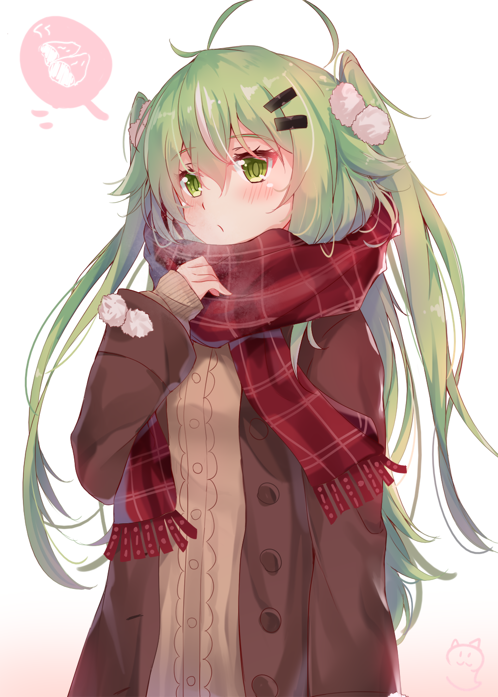 1girl ahoge blush brown_cardigan brown_coat coat floating_hair green_eyes green_hair hair_between_eyes hair_ornament hairclip highlights highres long_hair multicolored_hair nahaki open_clothes open_coat original red_scarf scarf solo speech_bubble twintails upper_body very_long_hair winter_clothes winter_coat