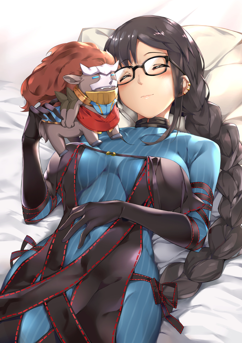 1girl bangs black_dress black_gloves black_hair blue_dress blush braid breasts center_opening choker closed_eyes closed_mouth consort_yu_(fate) dress earrings elbow_gloves fate/grand_order fate_(series) glasses gloves hidebuu jewelry light_smile long_hair long_sleeves lying medium_breasts on_back pillow ribbed_dress single_braid sleeping strapless strapless_dress stuffed_toy sweater sweater_dress very_long_hair xiang_yu_(fate/grand_order)