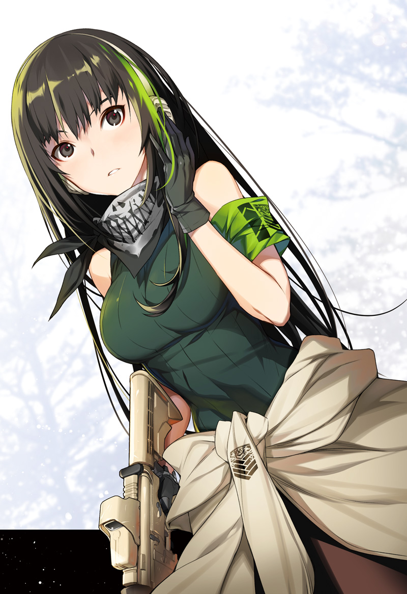 1girl armband assault_rifle bangs bare_arms bare_shoulders black_eyes black_gloves breasts brown_hair clothes_around_waist commentary_request cowboy_shot dutch_angle girls_frontline gloves green_hair green_shirt gun hand_up headphones holding holding_gun holding_weapon jacket jacket_around_waist long_hair looking_at_viewer m4_carbine m4a1_(girls_frontline) medium_breasts multicolored_hair parted_lips ress ribbed_shirt rifle shirt sidelocks sleeveless sleeveless_shirt solo standing streaked_hair weapon white_jacket