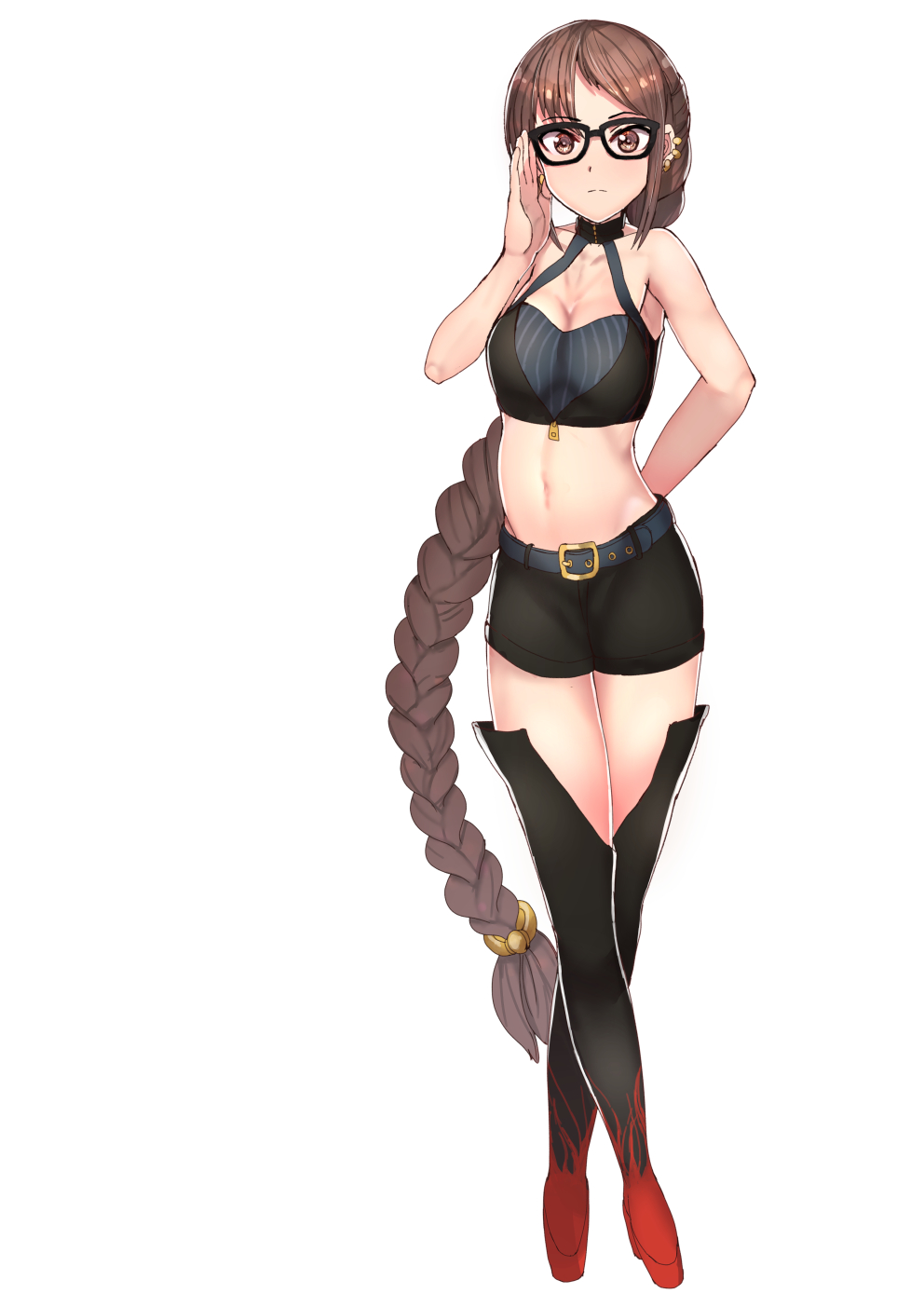 1girl adjusting_eyewear arm_behind_back bangs belt black-framed_eyewear black_footwear boots braid breasts brown_eyes brown_hair cleavage collarbone consort_yu_(fate) crossed_legs earrings fate/grand_order fate_(series) frown glasses highres jewelry legs_crossed long_braid long_hair looking_at_viewer medium_breasts midriff navel parted_bangs racequeen shorts sikijou77o simple_background single_braid sleeveless solo thigh-highs thigh_boots very_long_hair watson_cross white_background