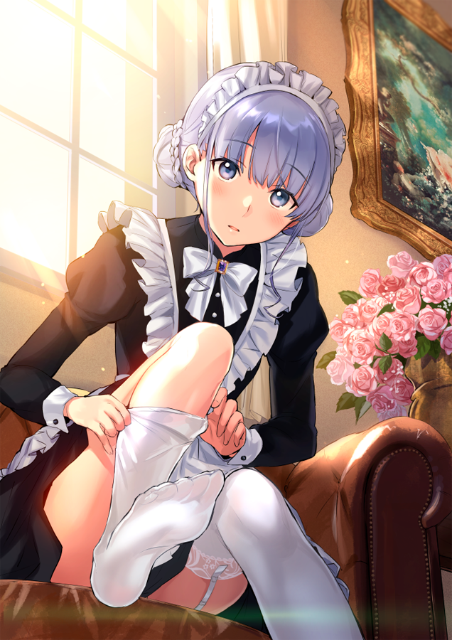 1girl apron ass bangs black_dress blue_eyes blush bow bowtie braided_bun brooch buttons chair commentary_request day double_bun dress eyebrows_visible_through_hair flower frilled_apron frills garter_straps head_tilt indoors jewelry juliet_sleeves knee_up light_rays long_hair long_sleeves looking_at_viewer maid_apron maid_headdress no_shoes original parted_lips photo_(object) picture_frame pink_flower pink_rose puffy_sleeves rose sidelocks silver_hair sitting solo sunbeam sunlight tan_(tangent) thigh-highs thighs tied_hair vase victorian_maid white_apron white_legwear white_neckwear window