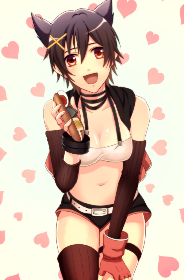 1girl :d animal_ears black_hair black_legwear black_shorts black_sleeves bra breasts cat_ears cleavage collarbone cowboy_shot fingerless_gloves gloves god_eater god_eater_2:_rage_burst hair_between_eyes hair_ornament hand_on_own_knee heart heart_background kouzuki_nana leaning_forward looking_at_viewer medium_breasts nanami_kazusa navel open_mouth red_eyes red_gloves shiny shiny_hair shiny_skin short_hair short_shorts shorts smile solo standing striped striped_legwear striped_sleeves thigh-highs thigh_strap underwear white_background white_bra x_hair_ornament