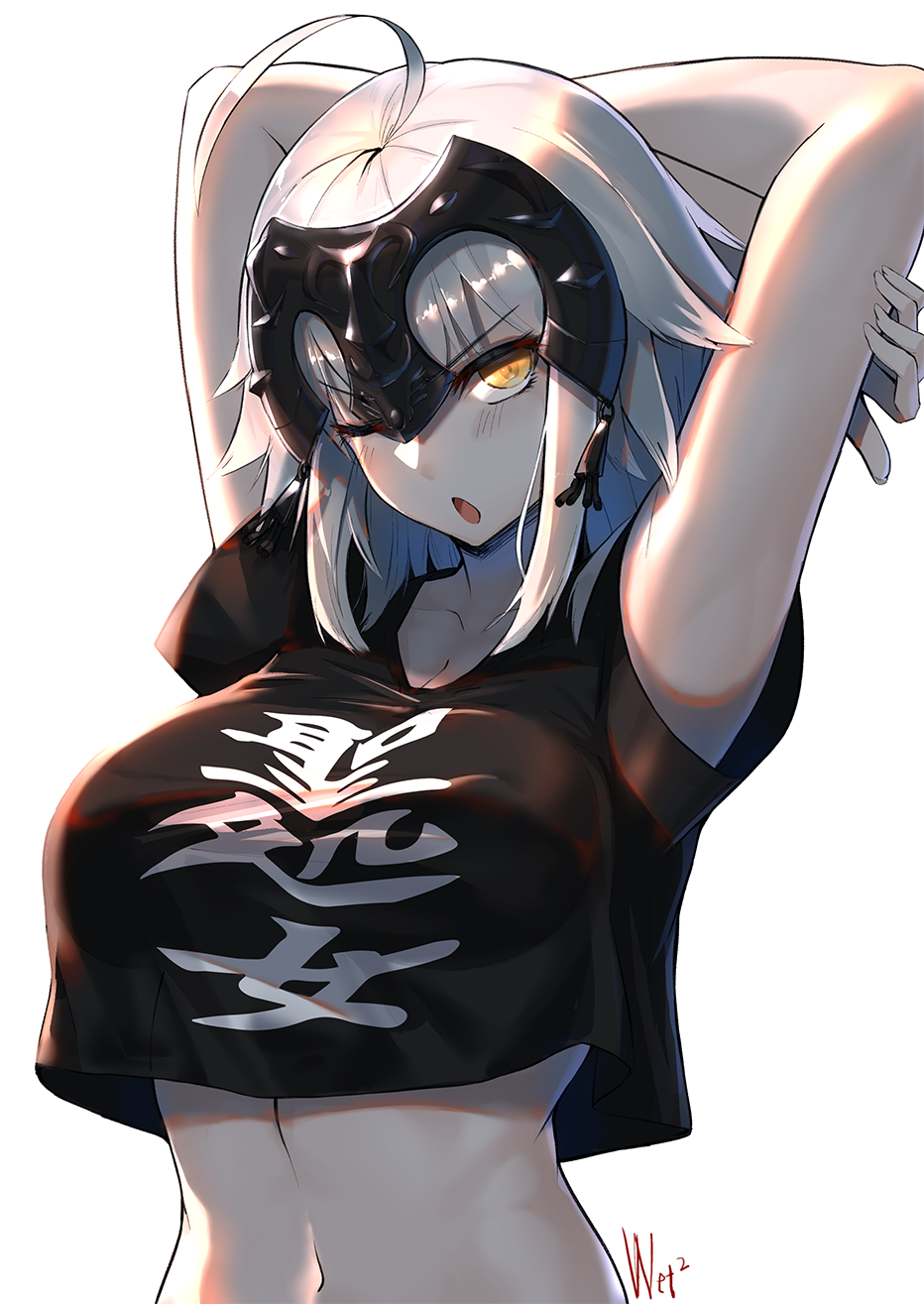 1girl ahoge arms_behind_head arms_up bangs black_shirt blush breasts clothes_writing crop_top crop_top_overhang d-cao fate/grand_order fate_(series) headpiece highres jeanne_d'arc_(alter)_(fate) jeanne_d'arc_(fate)_(all) large_breasts looking_at_viewer navel one_eye_closed open_mouth pale_skin shirt short_hair short_sleeves silver_hair simple_background solo t-shirt tsurime white_background yellow_eyes