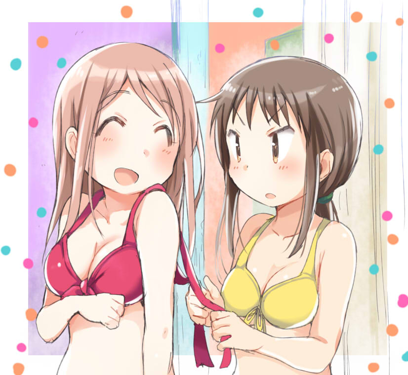 2girls :d ahoge aikawa_chiho arm_at_side bangs bikini bikini_top blush bra_strap breasts brown_eyes brown_hair cleavage curtains eyebrows_visible_through_hair hair_tie large_breasts long_hair looking_at_another low_ponytail medium_breasts medium_hair multiple_girls okano_kei open_mouth parted_lips pink_eyes polka_dot polka_dot_background ponytail red_bikini sidelocks simple_background smile standing swept_bangs swimsuit tatsunokosso tying upper_body yellow_bikini yuri yuyushiki