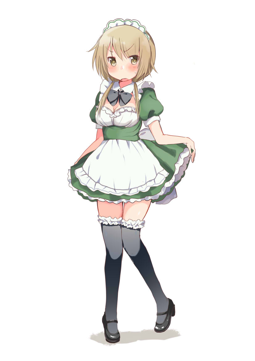 1girl ahoge alternate_costume apron black_legwear blonde_hair blush breasts cleavage embarrassed enmaided eyebrows_visible_through_hair frilled_apron frilled_legwear frills full_body high_heels ichii_yui looking_at_viewer low_twintails maid maid_apron maid_headdress mary_janes medium_breasts medium_hair open_mouth shoes short_twintails solo sweatdrop tatsunokosso thigh-highs twintails yellow_eyes yuyushiki