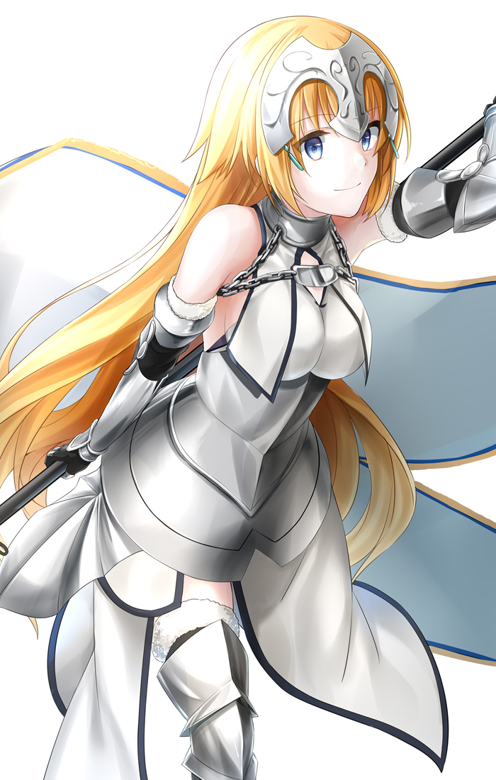 1girl armor armored_boots armored_dress banner black_gloves blonde_hair blue_eyes boots breasts dress eyebrows_visible_through_hair fate/apocrypha fate_(series) floating_hair fur-trimmed_legwear fur_trim gloves headpiece holding jeanne_d'arc_(fate) jeanne_d'arc_(fate)_(all) large_breasts long_hair rukinya_(nyanko_mogumogu) simple_background sleeveless sleeveless_dress smile solo standing thigh-highs very_long_hair white_background white_dress
