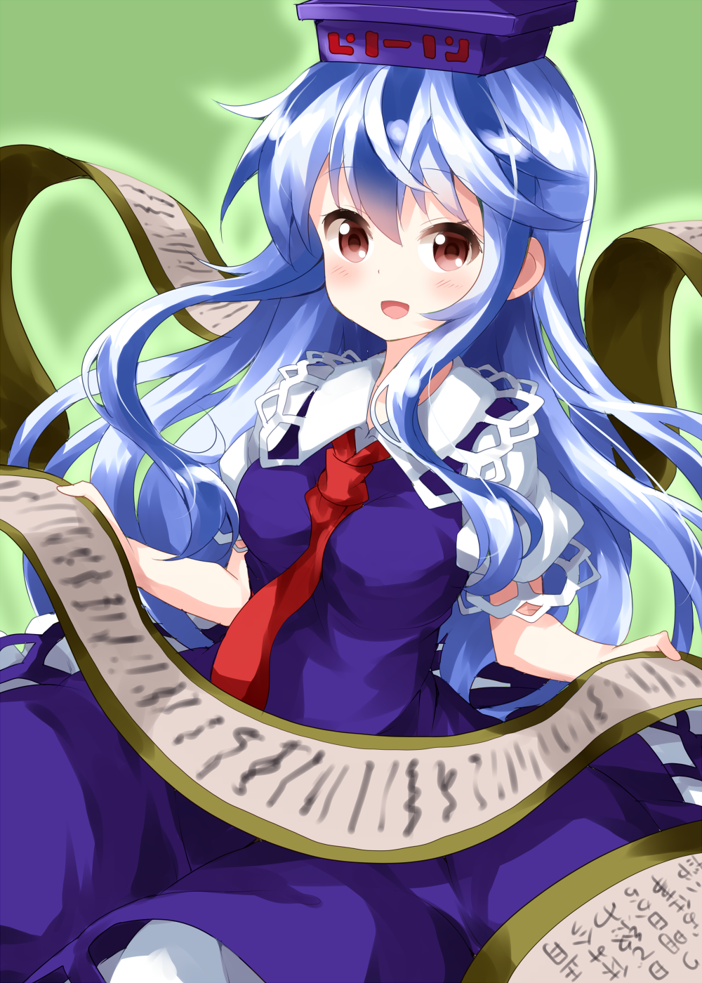 1girl :d bangs blue_dress blue_hair blue_hat blush breasts commentary_request cowboy_shot dress eyebrows_visible_through_hair green_background hair_between_eyes hat highres holding holding_scroll kamishirasawa_keine long_hair looking_at_viewer medium_breasts necktie open_mouth petticoat pinafore_dress puffy_short_sleeves puffy_sleeves red_eyes red_neckwear ruu_(tksymkw) scroll shirt short_sleeves simple_background smile solo touhou very_long_hair white_shirt