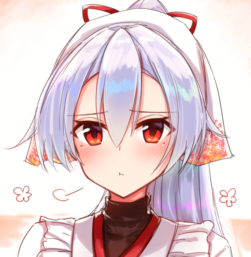 1girl :&lt; black_undershirt blush commentary_request fate/grand_order fate_(series) hair_between_eyes head_scarf kappougi long_hair o_h_miona ponytail red_eyes silver_hair solo tenugui tomoe_gozen_(fate/grand_order) turtleneck