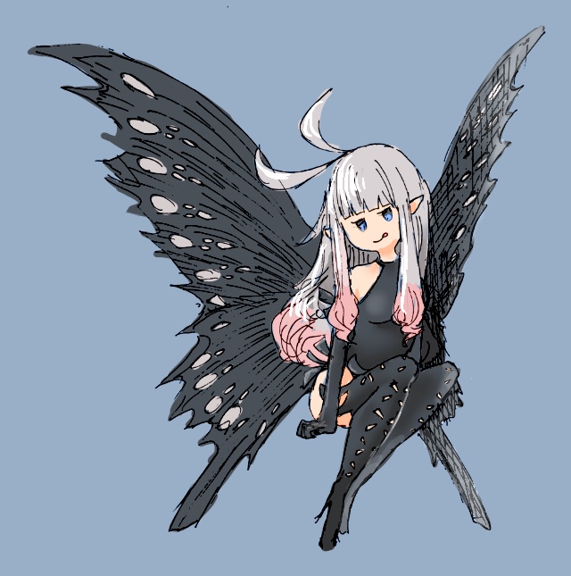 1girl :p anne_(bravely_second) antenna_hair black_gloves black_legwear black_leotard blue_background blue_eyes boots bravely_default_(series) bravely_second:_end_layer elbow_gloves fairy fairy_wings gloves grey_hair leotard long_hair pointy_ears simple_background sitting smile solo thigh-highs thigh_boots tongue tongue_out wings