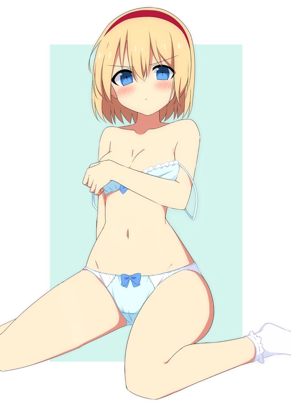 1girl alice_margatroid aqua_background bangs bare_arms bare_legs bare_shoulders blonde_hair blue_bow blue_bra blue_eyes blue_panties border bow bow_panties bra breasts cleavage collarbone commentary_request covering covering_breasts enushi_(toho193) eyebrows_visible_through_hair feet_out_of_frame frilled_bra frills groin hair_between_eyes hairband highres looking_at_viewer medium_breasts navel outside_border panties red_hairband short_hair simple_background sitting socks solo stomach strap_slip thighs touhou underwear underwear_only v-shaped_eyebrows wariza white_border white_legwear