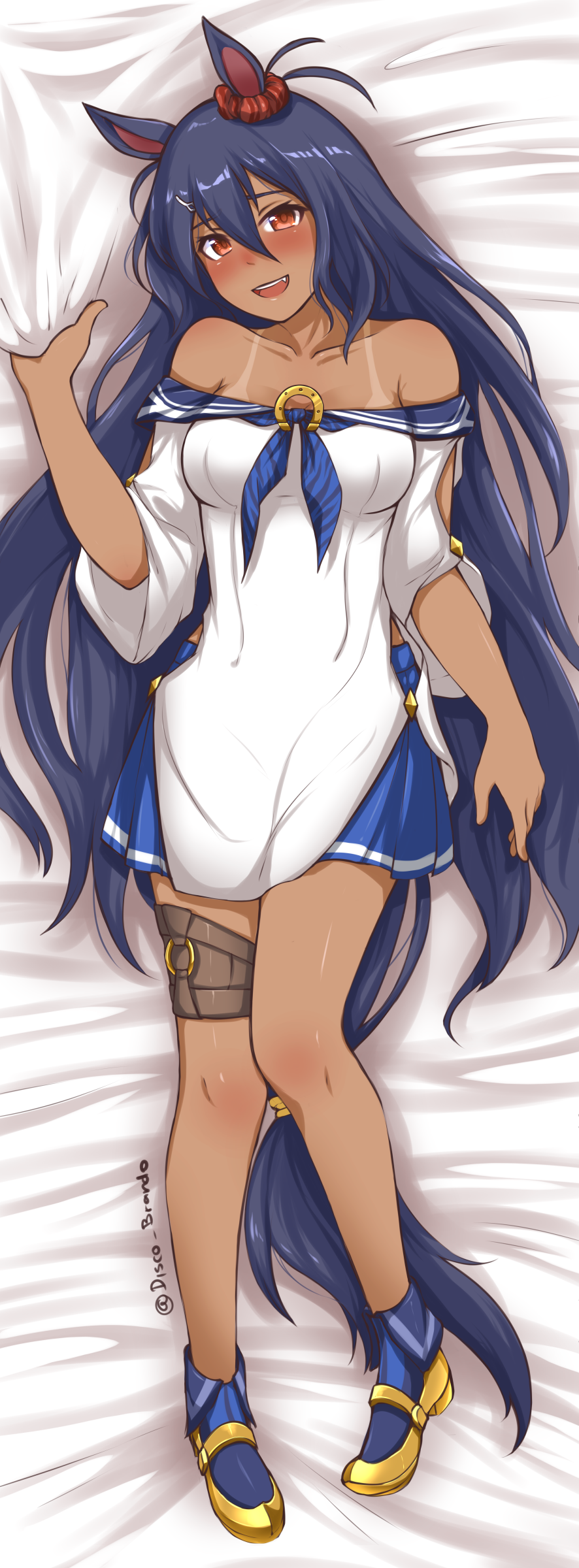 1girl :d absurdres animal_ears bed_sheet blue_skirt blush breasts brown_eyes collarbone disco_brando eyebrows_visible_through_hair full_body hair_between_eyes highres hishi_amazon horse_ears long_hair looking_at_viewer low-tied_long_hair lying medium_breasts nose_blush off-shoulder_shirt off_shoulder on_back open_mouth pleated_skirt sheet_grab shirt skirt smile solo tan tanline twitter_username umamusume very_long_hair white_shirt