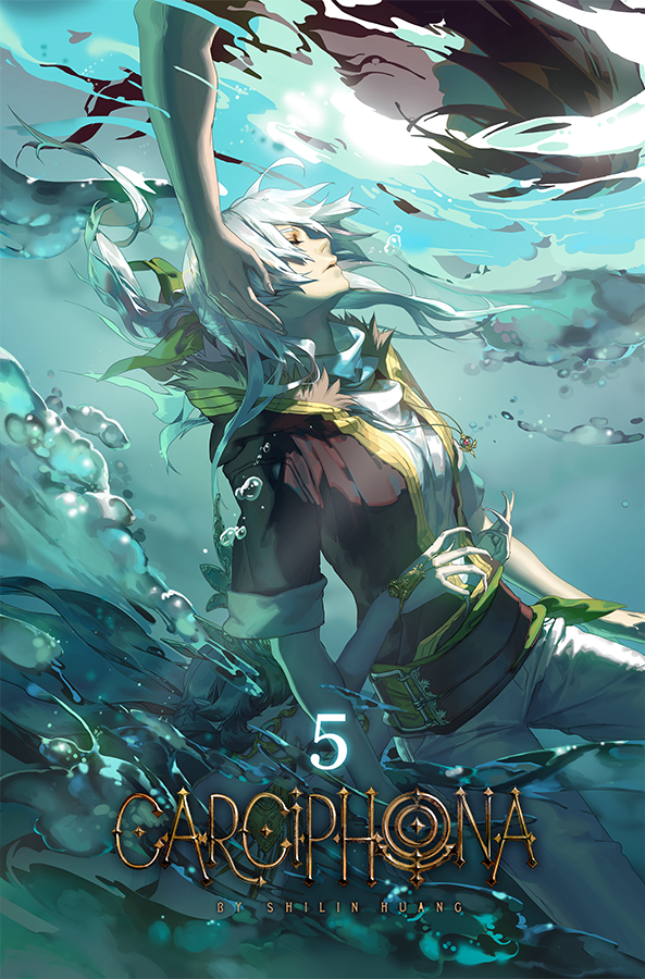 air_bubble bubble carciphona closed_eyes comic commentary english_commentary fur_trim jewelry long_hair necklace outstretched_arms pants scarf shilin short_sleeves submerged underwater water