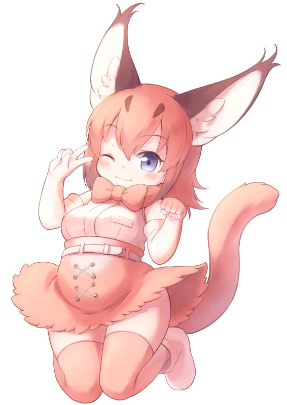 1girl animal_ear_fluff ankle_boots bare_shoulders belt blue_eyes blush boots bow bowtie breast_pocket caracal_(kemono_friends) caracal_ears caracal_tail commentary_request elbow_gloves eyebrows_visible_through_hair gloves kemono_friends knees_together_feet_apart large_ears matsuu_(akiomoi) medium_hair one_eye_closed orange_hair orange_legwear orange_neckwear paw_mose pocket shirt simple_background skirt skirt_lift sleeveless sleeveless_shirt smile solo tail tareme thigh-highs white_background white_footwear white_shirt zettai_ryouiki