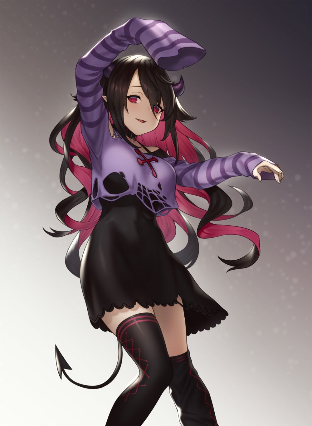 1girl abstract_background ahoge asymmetrical_clothes black_dress black_hair black_legwear breasts collar demon_girl demon_horns demon_tail dress highres horns houtengeki long_hair medium_breasts messy_hair multicolored_hair nijisanji pale_skin pink_hair pointy_ears purple_shirt raised_eyebrows red_eyes shirt skirt sleeves_past_fingers sleeves_past_wrists smile striped striped_shirt tail thigh-highs torn_clothes torn_shirt torn_skirt two-tone_hair virtual_youtuber yamiyono_moruru zettai_ryouiki