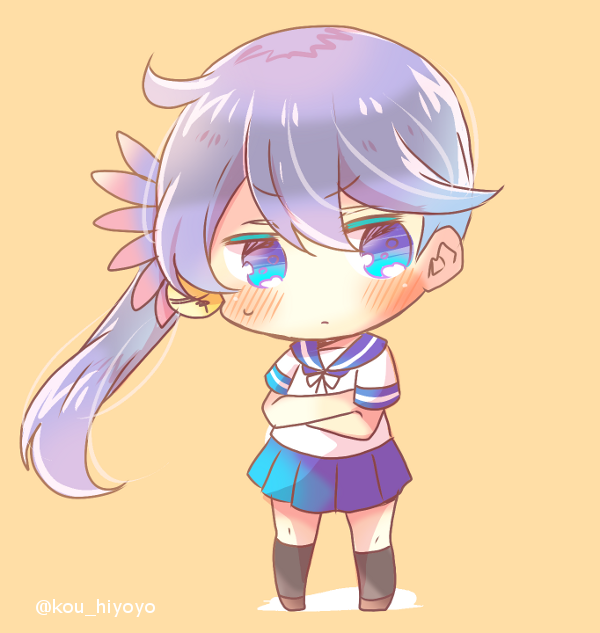 1girl akebono_(kantai_collection) bangs bell black_legwear blue_eyes blue_sailor_collar blue_skirt blush brown_background brown_footwear chibi closed_mouth commentary_request crossed_arms eyebrows_visible_through_hair flower full_body hair_bell hair_between_eyes hair_flower hair_ornament jingle_bell kantai_collection kneehighs kouu_hiyoyo long_hair looking_at_viewer multicolored multicolored_eyes pleated_skirt purple_hair sailor_collar school_uniform serafuku shirt short_sleeves side_ponytail skirt solo standing sweat twitter_username very_long_hair violet_eyes white_shirt