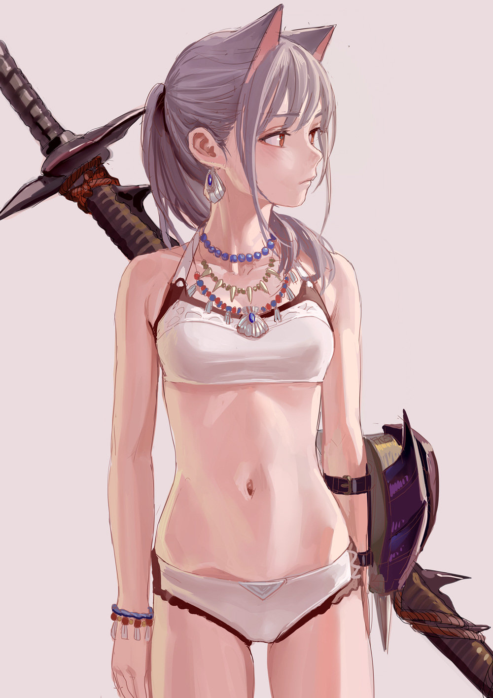 1girl animal_ears bandeau bangs bare_arms bare_shoulders bead_necklace beads bikini breasts cat_ears collarbone cowboy_shot earrings eyebrows_visible_through_hair fkey grey_background halterneck highres jewelry long_hair navel necklace original ponytail red_eyes scabbard sheath sheathed shell_earrings sidelocks silver_hair simple_background small_breasts solo standing stomach swimsuit sword thighs weapon weapon_on_back white_bikini