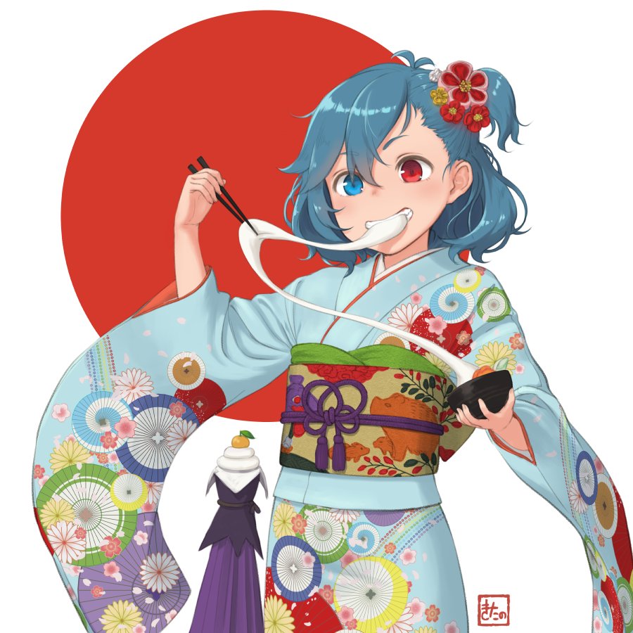 blue_hair chopsticks eating food heterochromia holding holding_food japanese_clothes kimono kitano_(kitanosnowwhite) mochi obi sash short_hair tatara_kogasa touhou zouni_soup