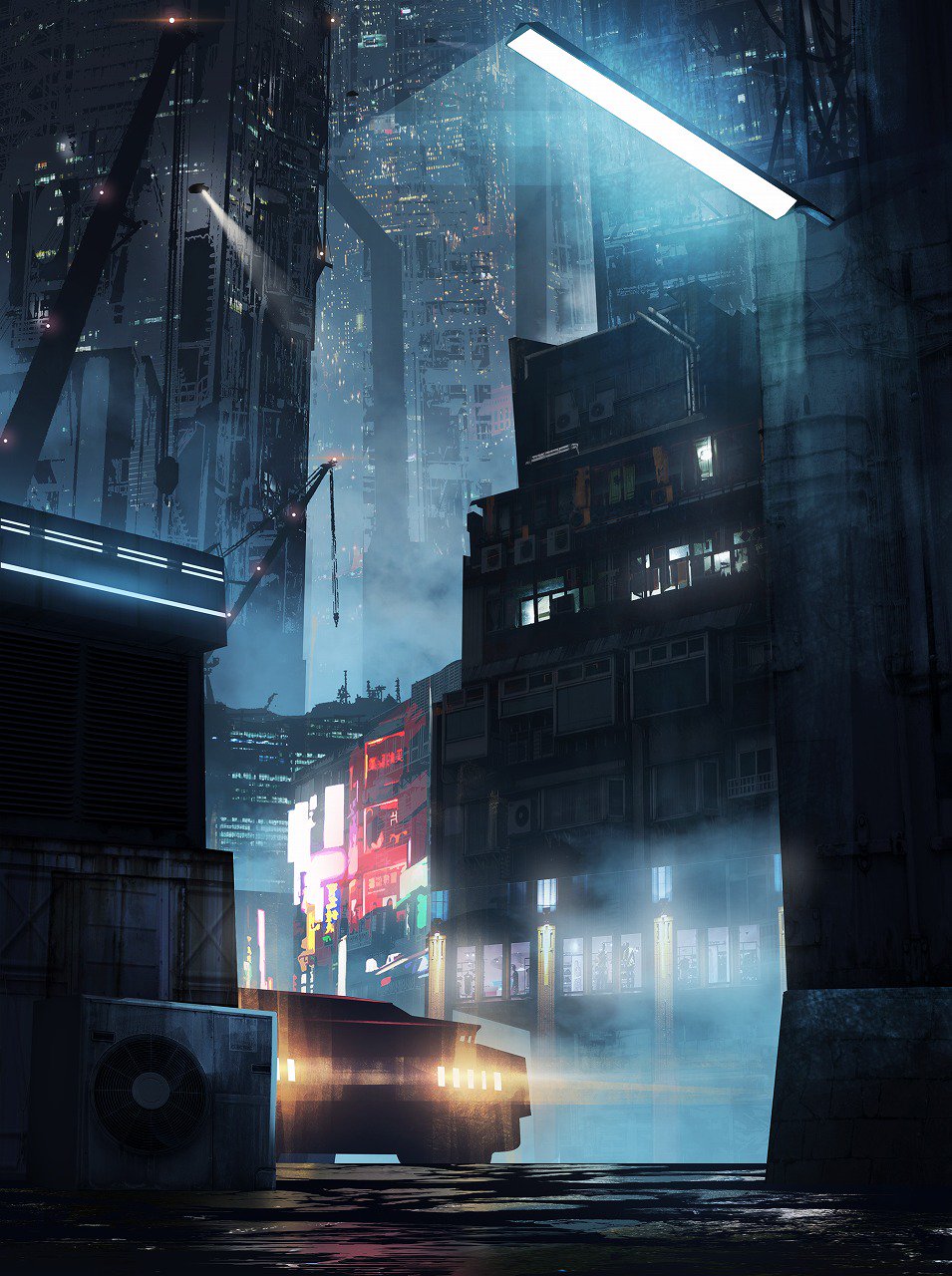 asuteroid blade_runner blade_runner_2049 car clouds commentary_request dystopia ground_vehicle highres light motor_vehicle no_humans outdoors scenery tagme