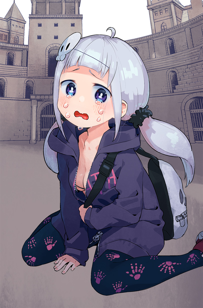 1girl ahoge bag bangs black_scrunchie blue_eyes blush breasts cleavage clip_studio_paint crying downblouse gate grey_hair highres holding holding_bag hood hoodie mask mask_on_head medium_hair mizu_asato nail_polish open_mouth pink_nails print_legwear purple_hoodie scrunchie silver_hair skeleton_print skull solo tears twintails window zipper zipper_pull_tab