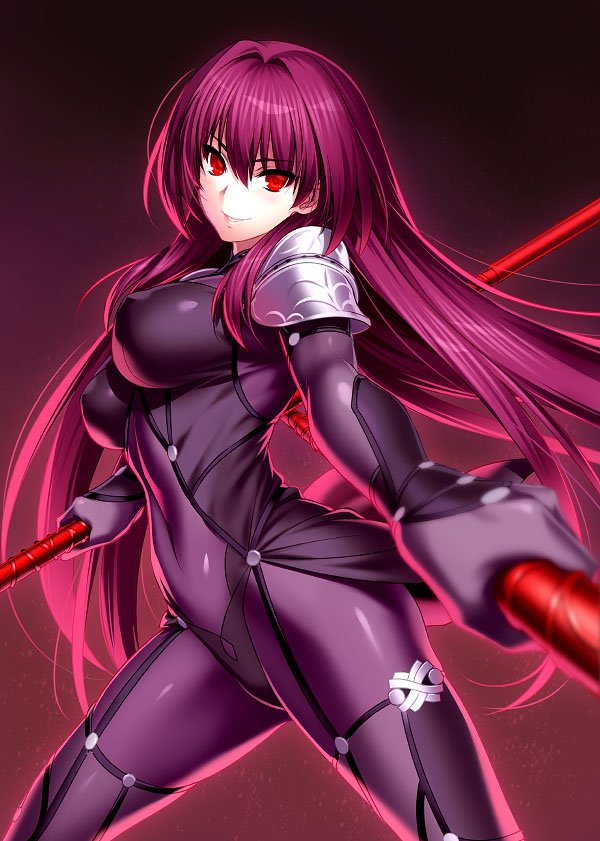 1girl bangs bodysuit breasts closed_mouth covered_navel dual_wielding fate/grand_order fate_(series) gae_bolg gradient gradient_background hair_between_eyes holding large_breasts long_hair looking_at_viewer pauldrons polearm purple_bodysuit purple_hair red_eyes scathach_(fate)_(all) scathach_(fate/grand_order) smile solo spear thighs weapon zen