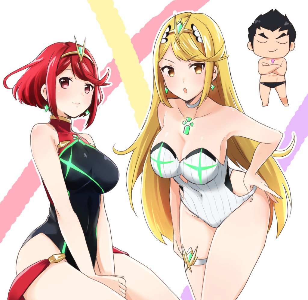 1boy 2girls bangs bare_shoulders black_swimsuit blonde_hair breasts chibi cleavage cleavage_cutout closed_eyes covered_navel earrings gem headpiece mythra_(xenoblade) pyra_(xenoblade) jewelry large_breasts long_hair looking_at_viewer madanai_(morisumeshi) metsu_(xenoblade) multiple_girls navel nintendo open_mouth red_eyes redhead short_hair simple_background smile swept_bangs swimsuit tiara xenoblade_(series) xenoblade_2 yellow_eyes