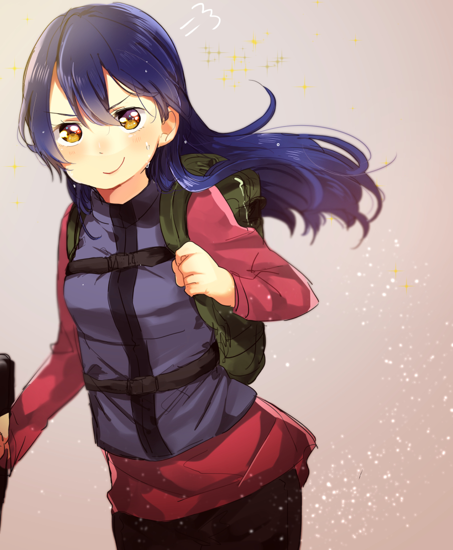 1girl backpack bag bangs blue_hair blush closed_mouth commentary_request cowboy_shot hair_between_eyes holding long_hair long_sleeves love_live! love_live!_school_idol_project mofun simple_background smile solo sonoda_umi standing sweat