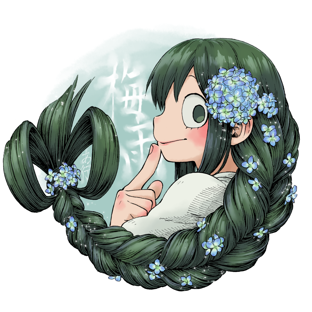1girl :&gt; aiue0 asui_tsuyu blue_flower blush boku_no_hero_academia commentary_request finger_to_mouth flower forget-me-not_(flower) frog_girl graphite_(medium) green_eyes green_hair hair_flower hair_ornament hair_rings long_hair looking_at_viewer low-tied_long_hair millipen_(medium) smile traditional_media translation_request