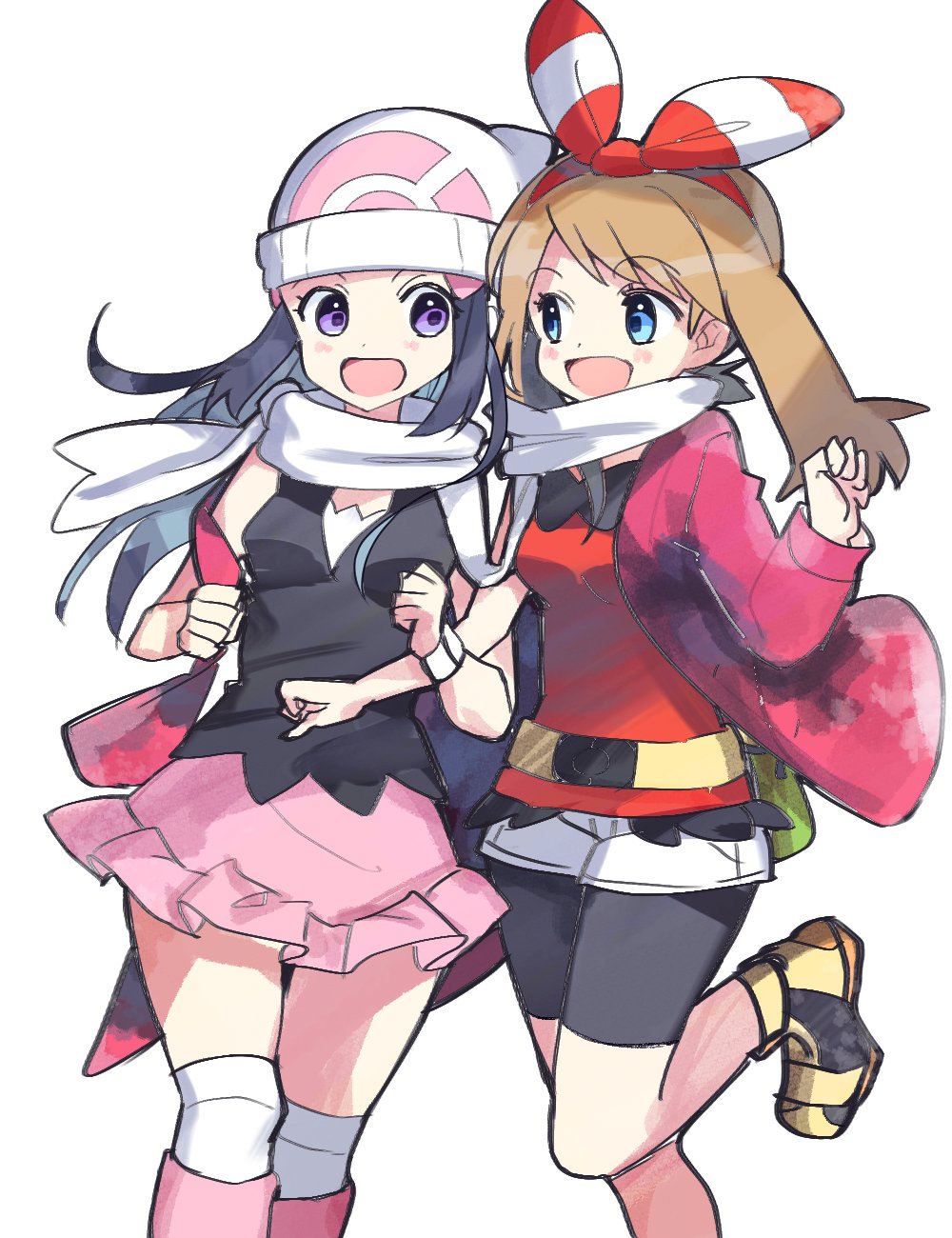 2girls :d bike_shorts black_hair black_shirt black_shorts blue_eyes bow bracelet breasts brown_hair creatures_(company) floating_hair game_freak hair_bow hairband haruka_(pokemon) hat highres hikari_(pokemon) jacket jewelry leg_up long_hair miniskirt multiple_girls nintendo open_clothes open_jacket open_mouth pink_skirt pokemon red_hairband red_jacket red_shirt scarf shirt short_shorts shorts shorts_under_shorts simple_background skirt sleeveless sleeveless_shirt small_breasts smile standing standing_on_one_leg striped striped_bow violet_eyes white_background white_hat white_scarf white_shorts yuihiko