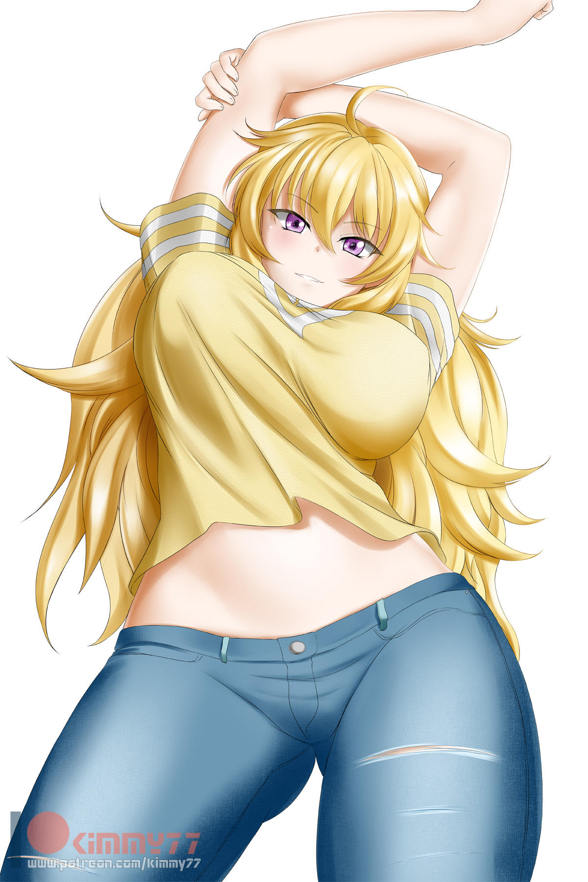1girl ahoge alfred_cullado blonde_hair blush breasts denim gluteal_fold hair_between_eyes highres jeans large_breasts long_hair looking_at_viewer midriff pants patreon_logo rwby shirt solo stretch violet_eyes watermark web_address white_background yang_xiao_long yellow_shirt