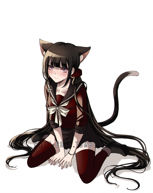 1girl animal_ears bangs black_hair black_sailor_collar black_skirt blush cat_ears cat_tail criis-chan dangan_ronpa full_body harukawa_maki long_hair looking_at_viewer miniskirt new_dangan_ronpa_v3 pleated_skirt red_legwear red_shirt sailor_collar school_uniform serafuku shiny shiny_hair shirt simple_background sitting skirt solo tail thigh-highs very_long_hair wariza watermark web_address white_background white_neckwear zettai_ryouiki