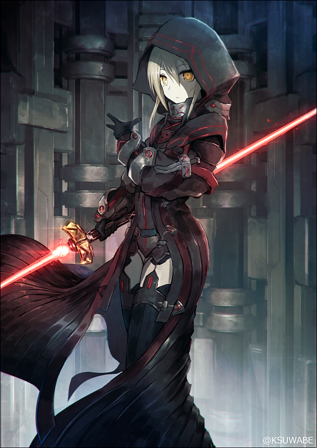 1girl arm_guards artoria_pendragon_(all) blonde_hair bodysuit collar commentary_request energy_sword excalibur fate/grand_order fate_(series) garter_straps gloves hair_between_eyes hand_up holding holding_weapon hood hood_up hooded_coat kei-suwabe lightsaber long_coat looking_at_viewer mysterious_heroine_x_(alter) pale_skin short_hair solo standing sword thigh-highs twitter_username weapon yellow_eyes