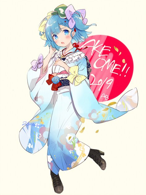 1girl alternate_costume blue_eyes blue_hair boots bow hair_bow happy_new_year hat high_heel_boots high_heels japanese_clothes kawashiro_nitori kimono new_year touhou translated two_side_up wide_sleeves