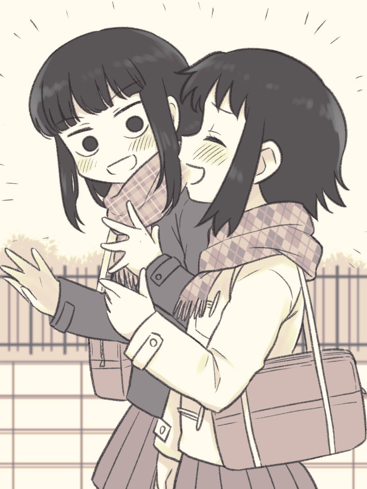 2girls :d ^_^ argyle argyle_scarf bag bernard-jou_iwaku. blush closed_eyes closed_eyes coat commentary_request kanbayashi_shiori machida_sawako meis_(terameisu) monochrome multiple_girls open_mouth plaid plaid_scarf pleated_skirt scarf school_bag school_uniform short_hair skirt smile