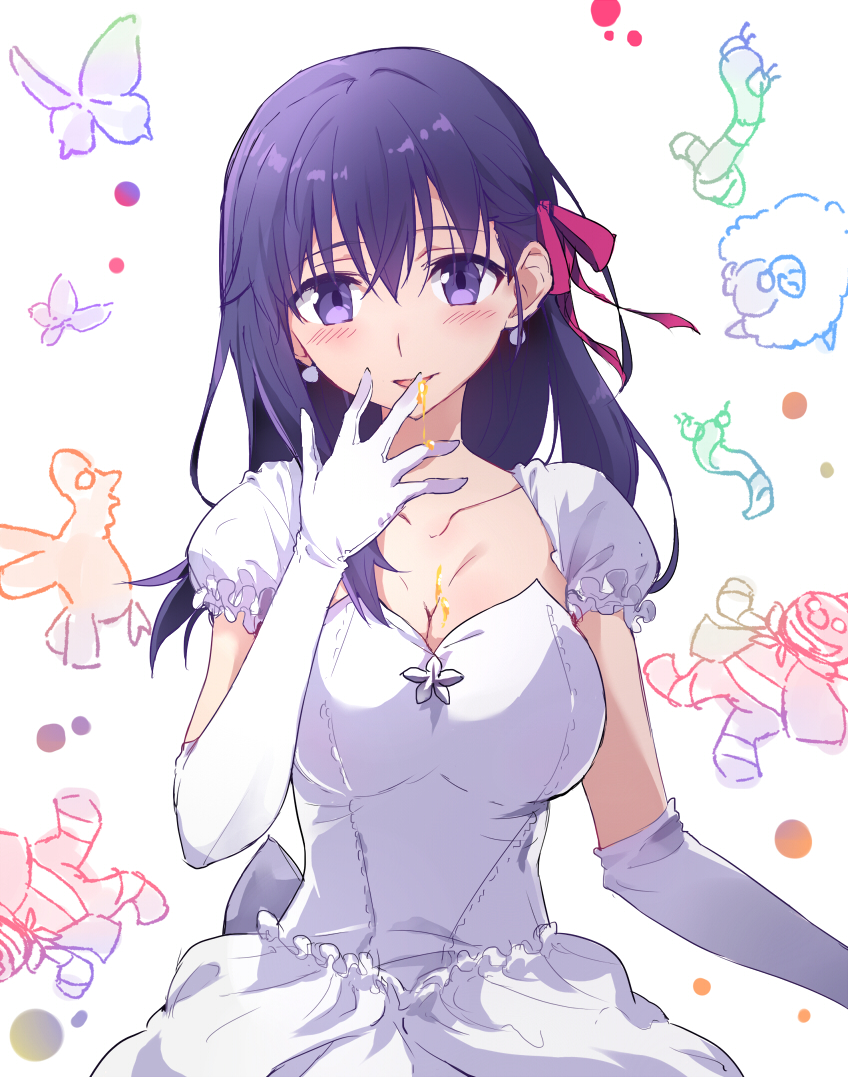 1girl bangs blush bow breasts cleavage commentary_request detached_sleeves dress earrings elbow_gloves eyebrows_visible_through_hair fate/stay_night fate_(series) gloves hair_between_eyes hair_bow hand_up heaven's_feel jewelry large_breasts long_hair matou_sakura parted_lips puffy_short_sleeves puffy_sleeves purple_hair red_bow short_sleeves solo strapless strapless_dress tsuedzu violet_eyes white_background white_dress white_gloves white_sleeves
