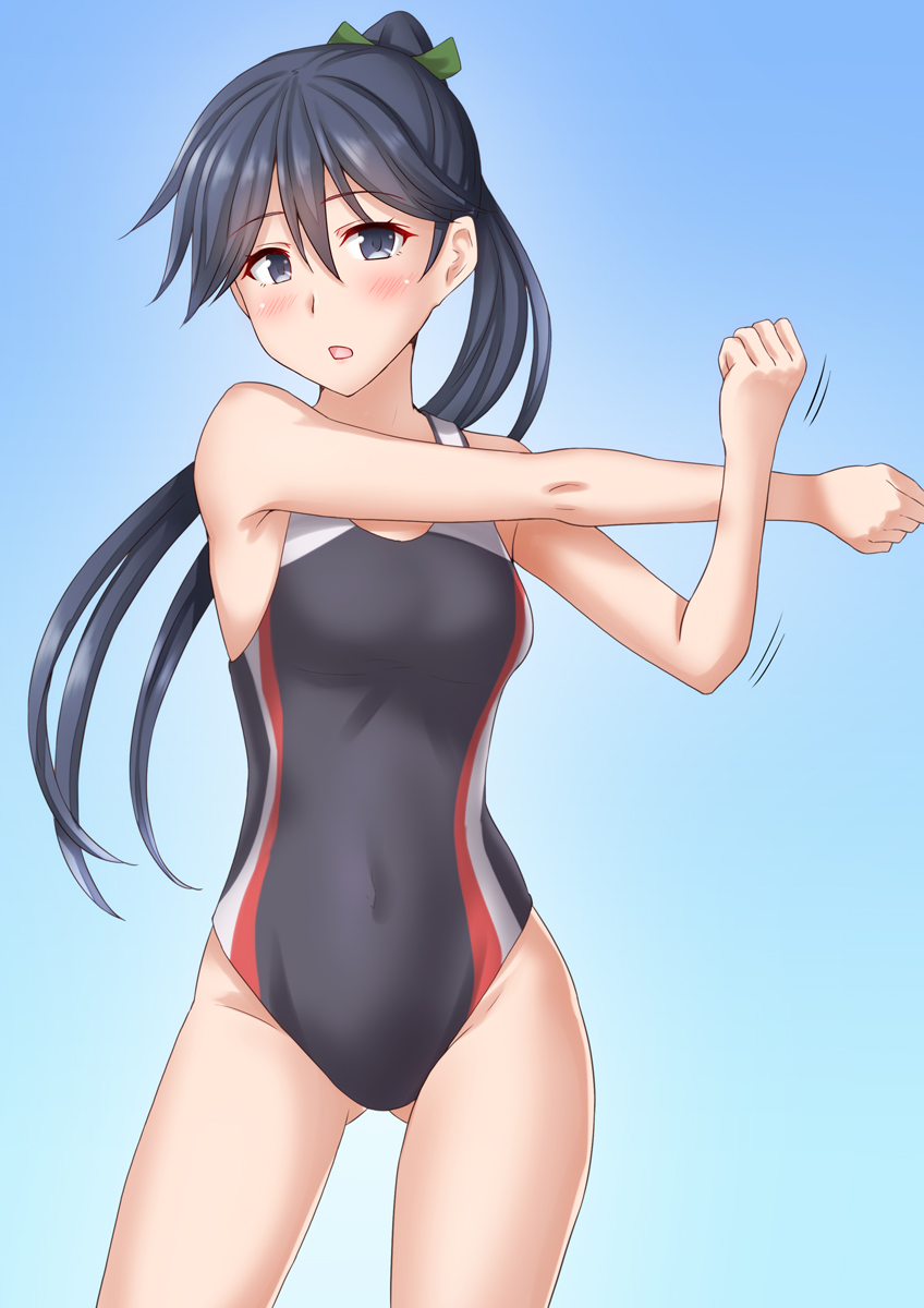1girl anti_(untea9) ass_visible_through_thighs black_hair black_swimsuit blue_background blush breasts competition_swimsuit cowboy_shot cross-body_stretch exercise eyebrows_visible_through_hair gradient gradient_background green_ribbon grey_eyes hair_between_eyes hair_ribbon highres houshou_(kancolle) kantai_collection long_hair one-piece_swimsuit open_mouth orange_swimsuit ponytail ribbon small_breasts solo stretch swimsuit white_swimsuit