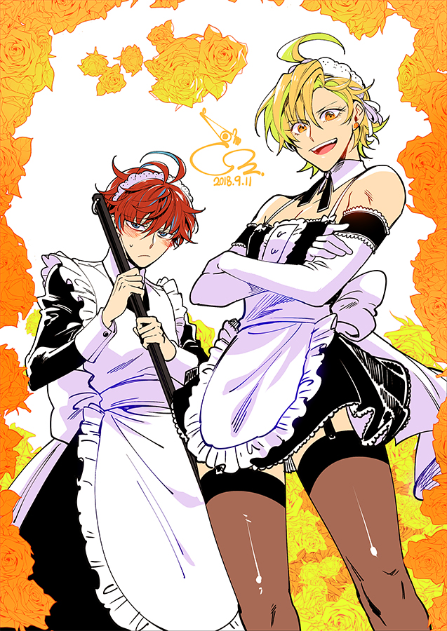 2boys 302 alternate_costume apron black_dress blonde_hair blue_eyes blush crossdressinging dress elbow_gloves enmaided frills garter_straps gloves hypnosis_mic izanami_hifumi kannonzaka_doppo looking_at_viewer maid maid_apron maid_headdress male_focus miniskirt multiple_boys puffy_short_sleeves puffy_sleeves redhead short_sleeves skirt thigh-highs waist_apron white_apron white_gloves