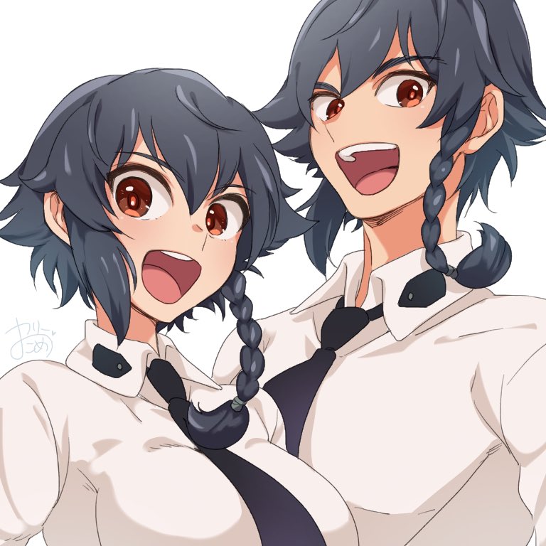 1boy 1girl :d anzio_school_uniform artist_name bangs black_hair black_neckwear braid brown_eyes commentary dress_shirt dual_persona eyebrows_visible_through_hair genderswap genderswap_(ftm) girls_und_panzer hair_tie kari_okome looking_at_viewer necktie open_mouth pepperoni_(girls_und_panzer) portrait school_uniform shirt short_hair side_braid signature simple_background smile white_background white_shirt