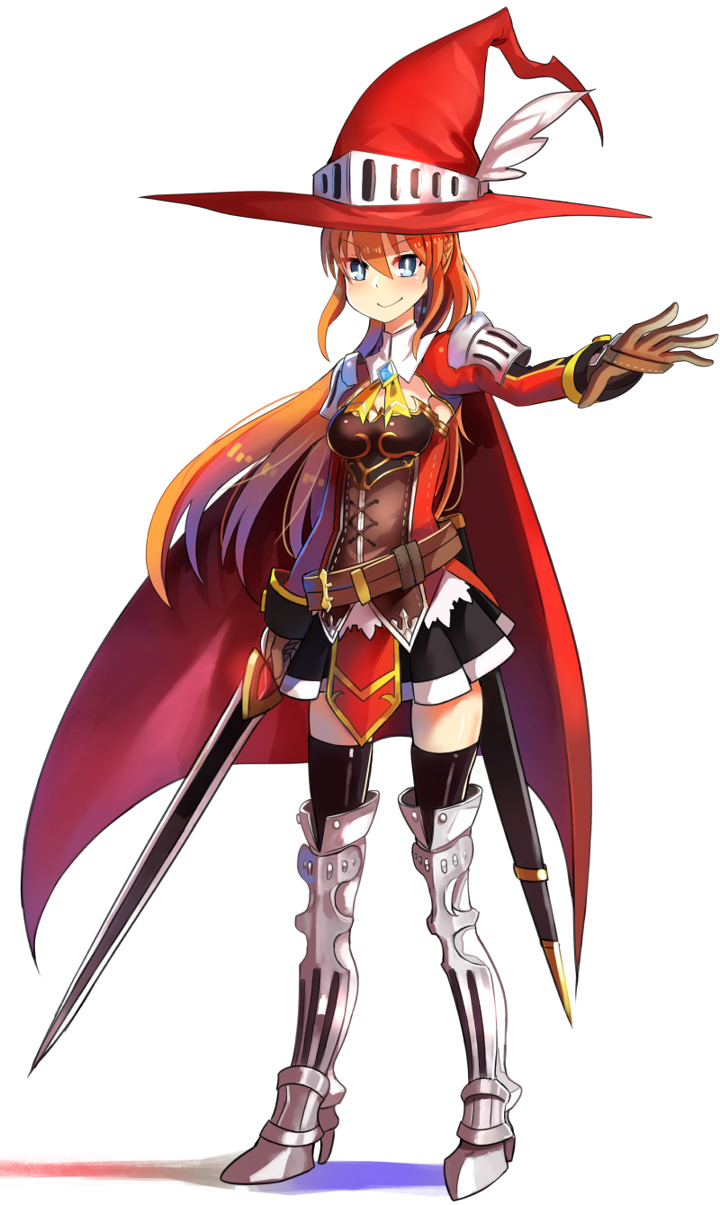 1girl armor blue_eyes breasts capelet cloak gloves greaves helm helmet highres kneehighs knight long_hair looking_at_viewer onigensou orange_hair original skirt solo sword weapon witch