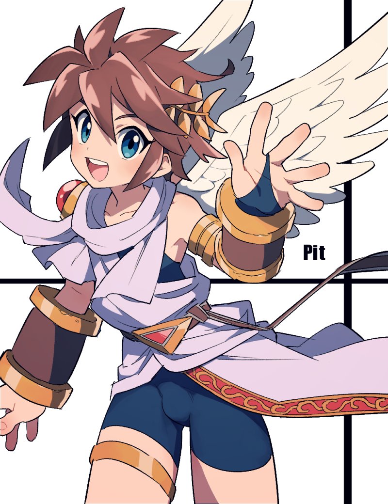 1boy blue_eyes bodysuit bracer brown_hair character_name contrapposto cowboy_shot enotou_(enotou_moi) gem kid_icarus kid_icarus_uprising laurel_crown looking_at_viewer male_focus nintendo open_mouth pit_(kid_icarus) smile solo thigh_strap tunic waving wings