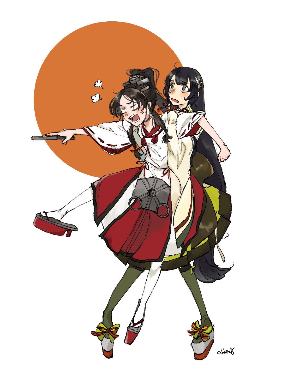 2girls anger_vein angry armlock artist_name bangs black_hair blush catapult commentary detached_sleeves dress eyebrows_visible_through_hair fan folding_fan full_body furisode green_dress green_eyes grey_eyes hair_ribbon hair_tubes hakama headgear high_heels high_ponytail highres holding holding_fan japanese_clothes kantai_collection kariginu kimono kneehighs locked_arms long_hair long_sleeves low-tied_long_hair miko mizuho_(kantai_collection) multi-tied_hair multiple_girls nisshin_(kantai_collection) okobo oohira_hachi open_mouth parted_bangs radar_hair_ornament reaching_out red_hakama red_ribbon ribbon ribbon-trimmed_sleeves ribbon_trim rubber_band rudder_footwear sandals short_eyebrows sidelocks simple_background sweat tabi teeth thick_eyebrows very_long_hair white_background white_kimono wide_sleeves