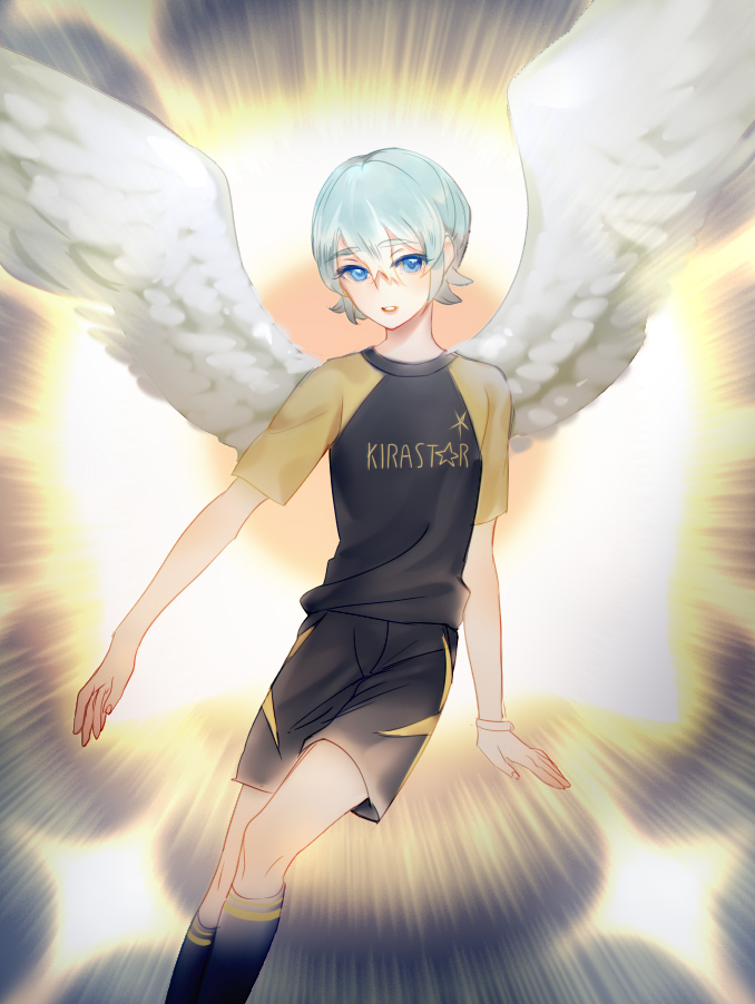 1boy angel_wings blue_eyes dodonko hair_between_eyes inazuma_eleven_(series) inazuma_eleven_ares_no_tenbin looking_at_viewer male_focus saotome_seiya shorts silver_hair smile soccer_uniform solo sportswear wings