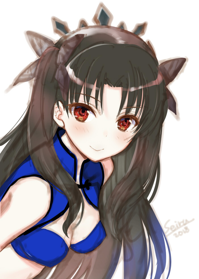 1girl bangs bare_shoulders black_hair blush breasts cleavage closed_mouth fate/grand_order fate_(series) hair_ribbon hijiri_ruka ishtar_(fate/grand_order) long_hair looking_at_viewer medium_breasts parted_bangs red_eyes ribbon simple_background smile solo tiara tohsaka_rin two_side_up white_background