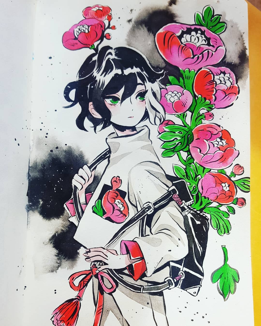 1girl black_bag black_hair cowboy_shot flower green_eyes highres leaf long_sleeves maruti_bitamin multicolored_hair original pink_flower plant red_flower solo traditional_media two-tone_hair watercolor_(medium) white_hair