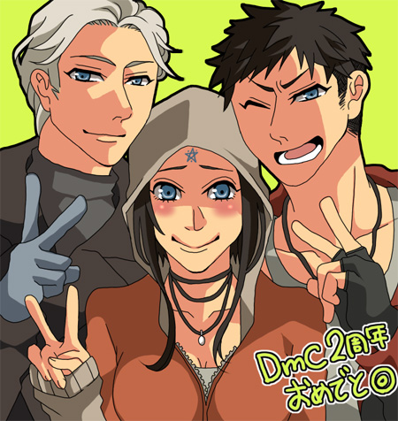 1girl 2boys black_hair blue_eyes breasts cleavage commentary_request dante_(dmc:_devil_may_cry) devil_may_cry dmc:_devil_may_cry fingerless_gloves gloves jacket jewelry kat_(devil_may_cry) lowres multiple_boys necklace short_hair smile vergil white_hair