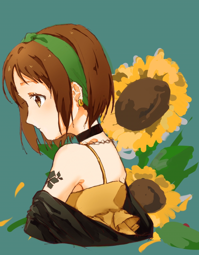 1girl aqua_background bang_dream! black_choker black_jacket brown_eyes brown_hair choker earrings floral_background flower from_side hazawa_tsugumi jacket jewelry naaya_(nanayo-nuo332) off_shoulder profile shirt short_hair shoulder_tattoo solo spaghetti_strap sunflower tattoo upper_body yellow_shirt